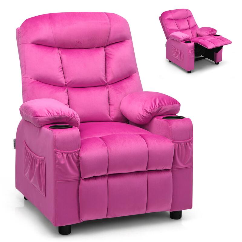 Gymax Kids Youth Recliner Chair Velvet Fabric w/Cup Holder & Side - Pink