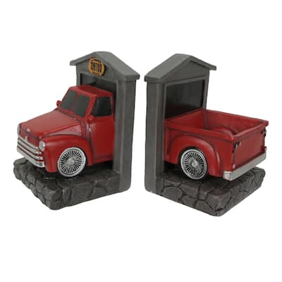 Rustic Red Vintage Pickup Truck Bookends Classic Bookshelf Decor - 7 X 9.25 X 5 inches