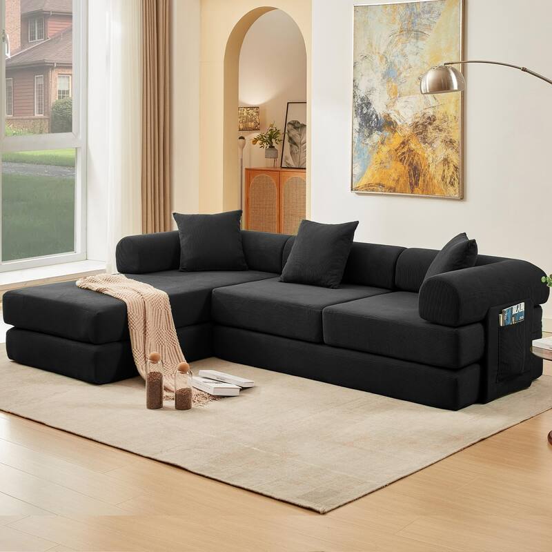 107" L-Shaped 6-in-1 Corduroy Modular Sectional Sofa, Convertible Out Sofa Bed, 4-Seat, Black