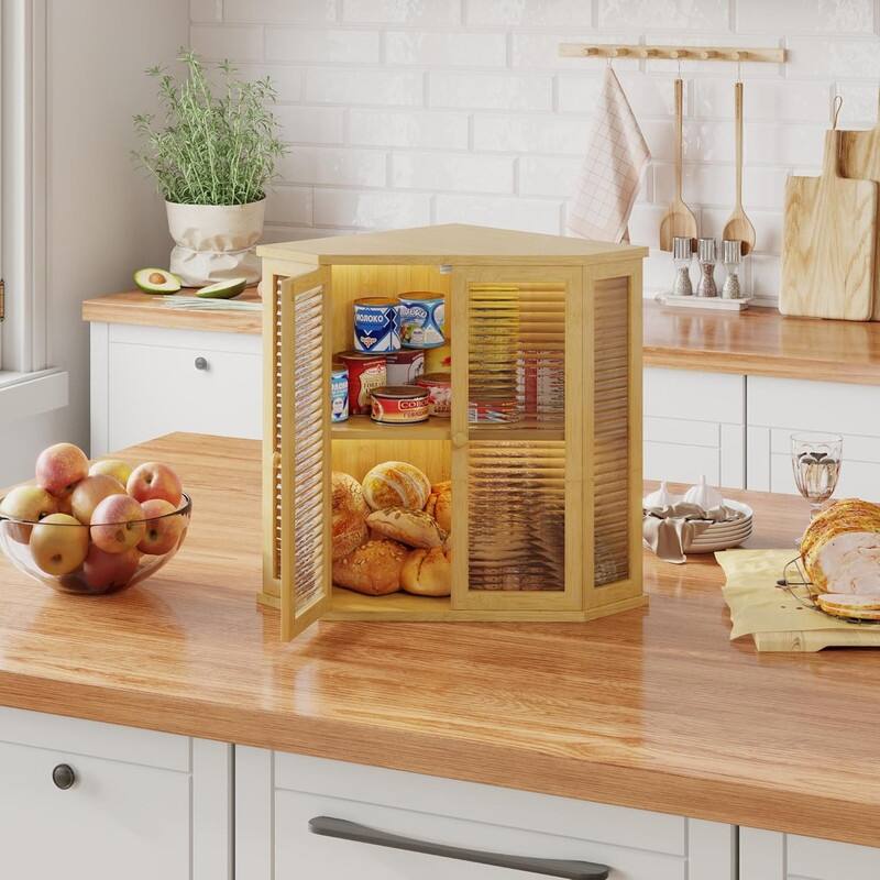 Extra-large locust wood square bread box 16.5-inch wooden bread box with glass wave door, farmhouse style design.