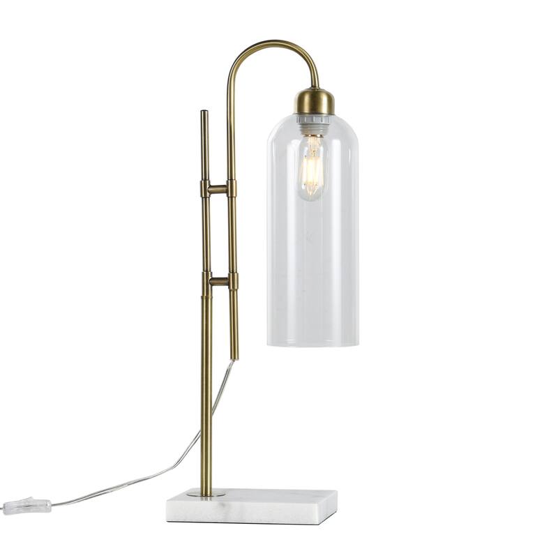 Oro Gold Table Lamp - Brushed Gold Curved Design and Marbled Base - Clear Shade