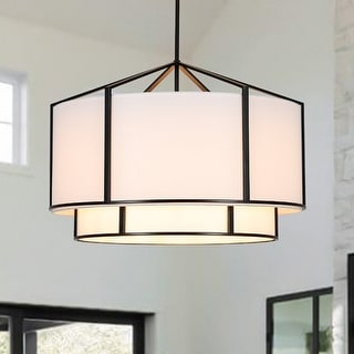 America Traditional 6-Light Two-layer Drum Fabric Pendant Chandelier - 28.1in