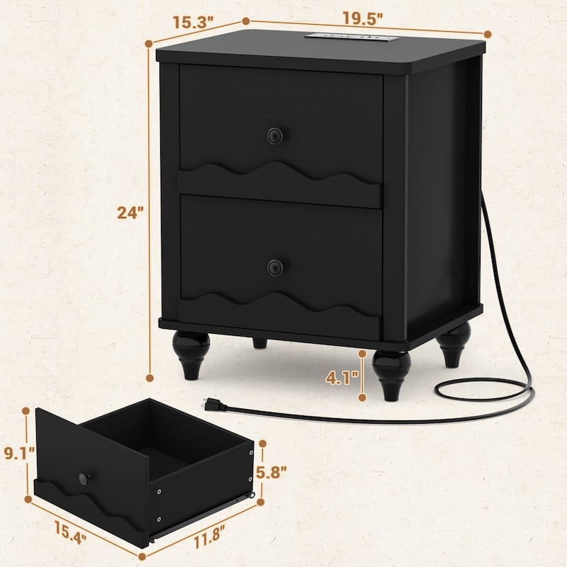 Modern Nightstand with Charging Station, Side End Table with 2 Drawers