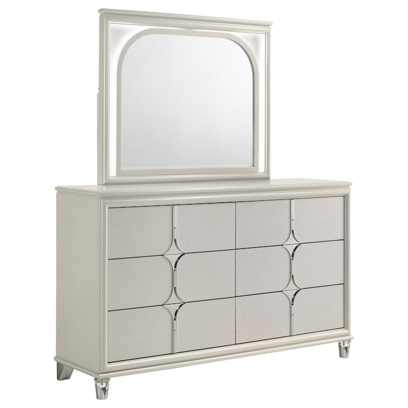 6-Drawer Pearl White Dresser and LED Mirror Set with Modern Glam Style, Spacious Storage, and Smooth Gliding