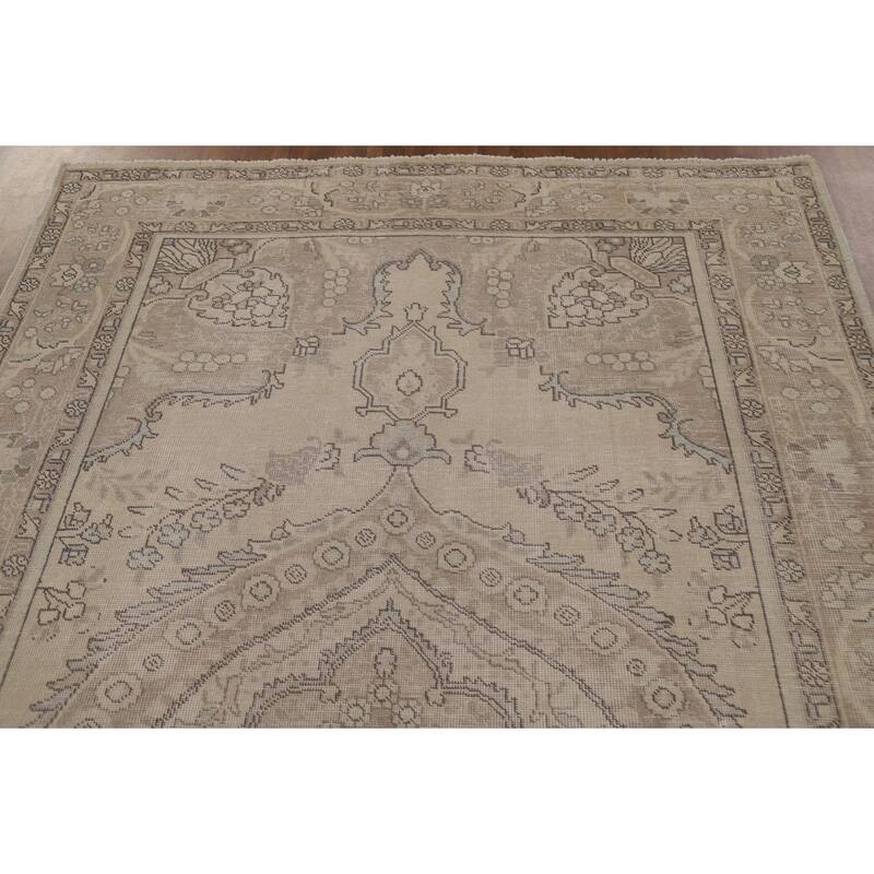 Beige Distressed Tabriz Persian Vintage Area Rug Handmade Wool Carpet - 6'3" x 9'8"