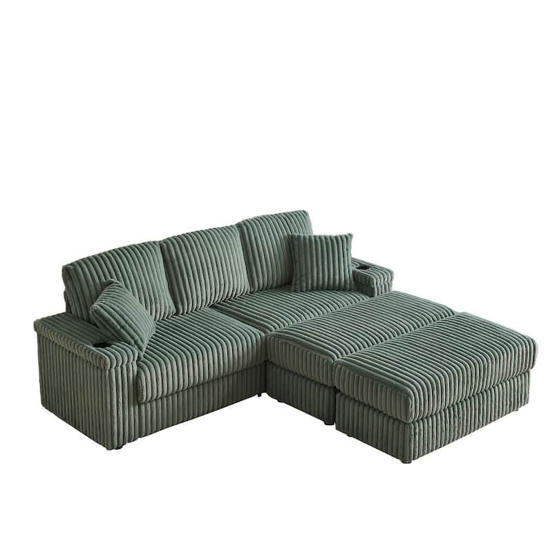 Anmytek 84 Inch Corduroy 3-Seater Comfy Deep Seat Sofa for Living Room with Storage Cup Holders Ottomans and Pillows