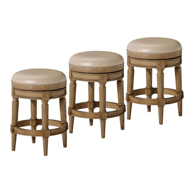 Maven Lane Pullman Backless Swivel Kitchen Stool - Set of 3 - Weathered Oak Vegan Leather - Counter Height