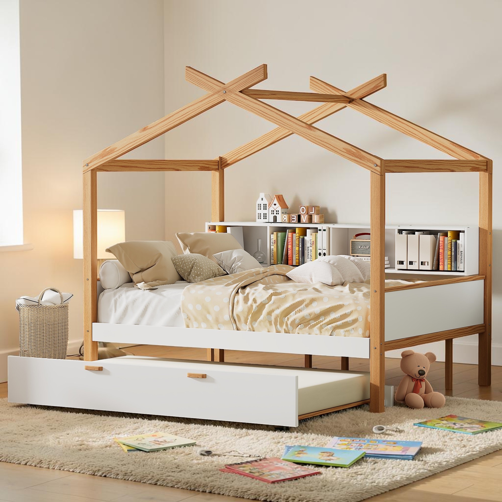 Full Size House Bed with Twin Trundle and Bookshelf Storage, Wood Platform Bed for Kids