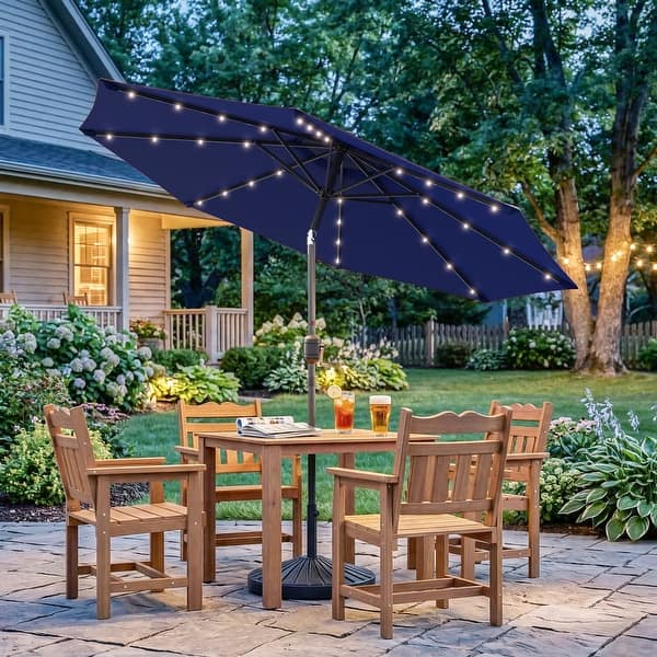 9ft patio umbrella with led lights FUFU&GAGA 15 ft. x 9 ft. Steel Double-Sided Market Solar LED, Base, Sandbags and Protective Cover in Beige friendly and no frequent battery changes Denim Blue Crank & Auto