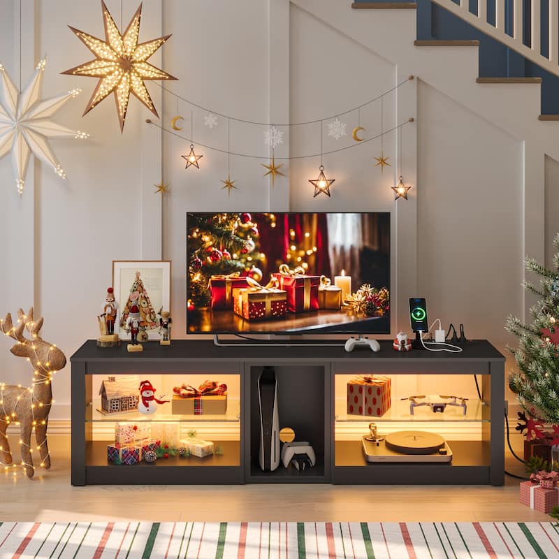 63" TV Stand Gaming Entertainment Center for TVs up to 70" with LED Lights Cabinet and Shelves