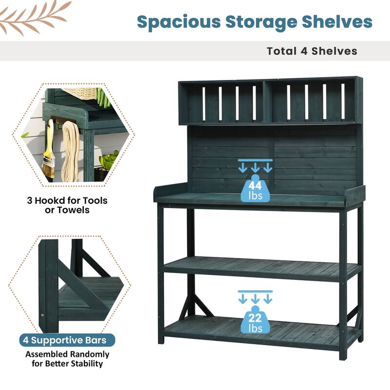 Wooden Outdoor Potting Bench, Garden Potting Table with 4 Storage Shelves, Patio Workstation with 3 Side Hooks