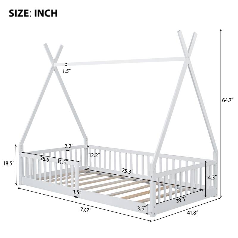 Roomfitters Twin House Bed Frame with Fence, Wood Slats, Floor Bed for Cozy Bedroom Spaces