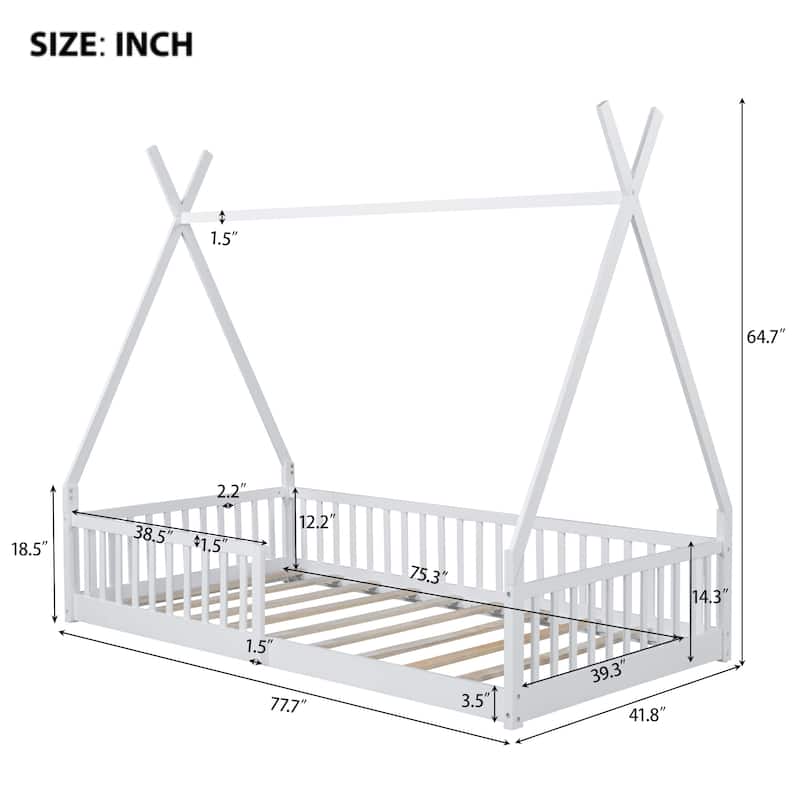 Twin Size Floor Bed, Platform Bed Frame with Fence and Roof, Solid Wood Playhouse Bedframe w/Open Door, No Box Spring Needed