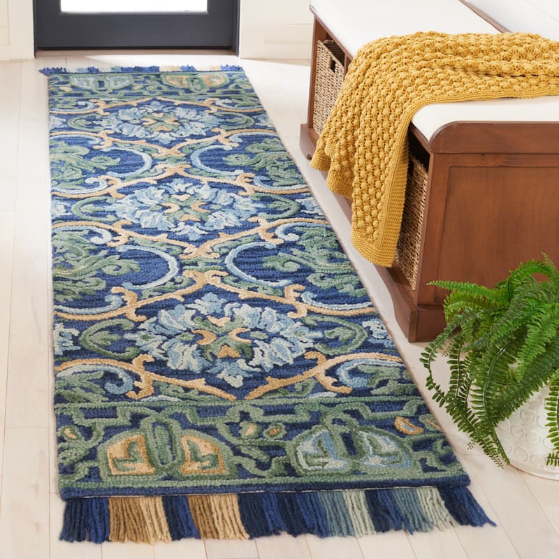 SAFAVIEH Handmade Blossom Parthenia Floral Wool Rug - 2'3" x 14' Runner - Navy/Green - Runner