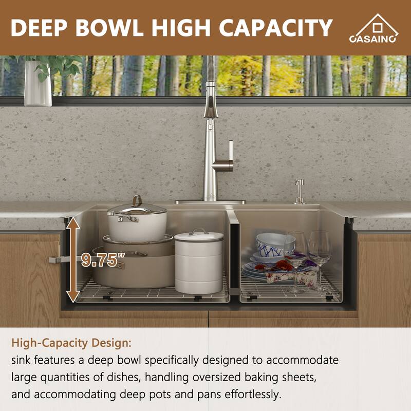 Handmade All-in-One Drop-In 2-hole 60/40 Double Bowl 18 Gauge Stainless Steel Workstation Kitchen Sink with Spring Neck Faucet