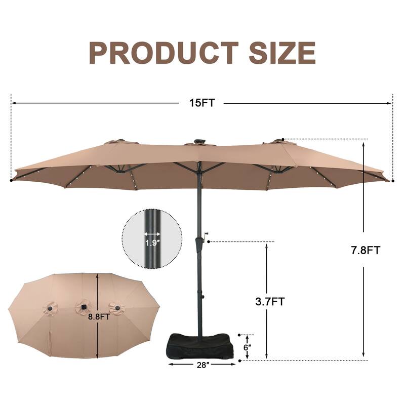 Autlaycil 15ft Retangle Patio Umbrella with Solar Lights & Base