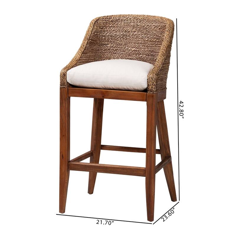 Jasper Seagrass Bar Stool with Mahogany Wood Frame - Coastal Seating with Woven Wingback and Cushioned Seat for Bar Island