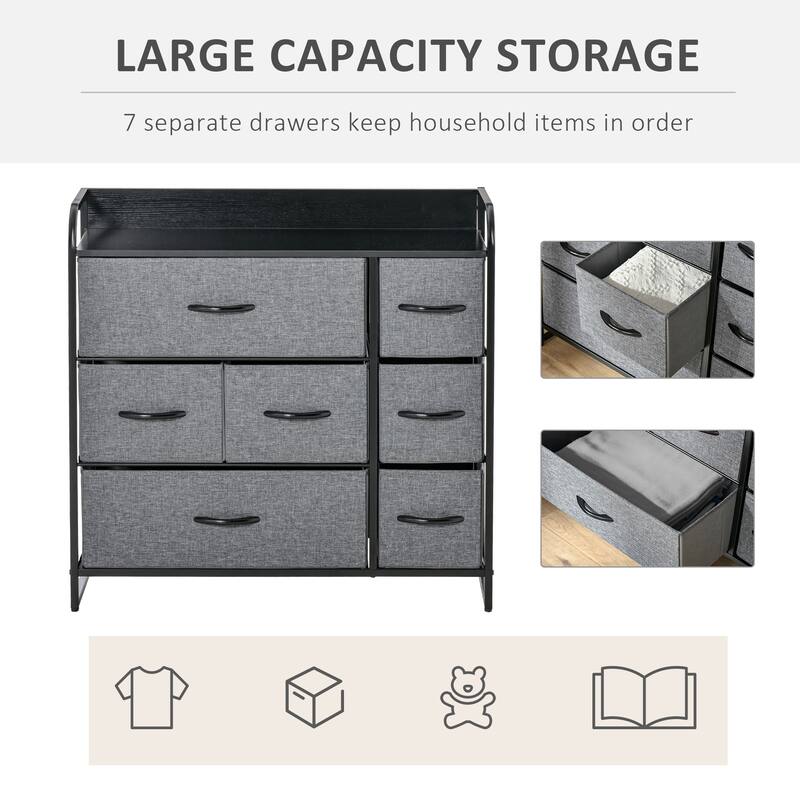 HOMCOM 7-Drawer Dresser, Fabric Chest of Drawers, 3-Tier Storage Organizer for Bedroom Entryway, Steel Frame Wooden Top Grey