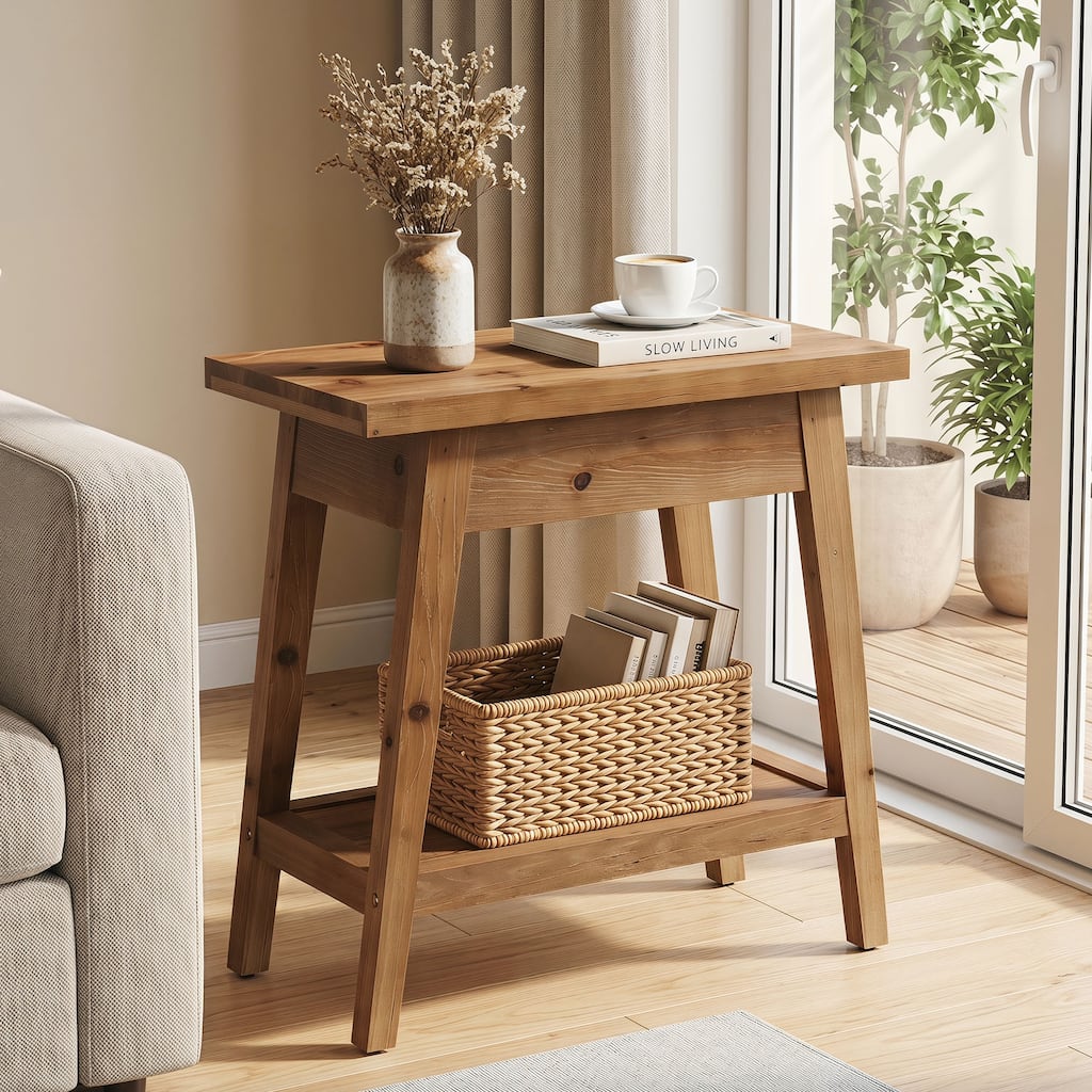 End Table for Living Room, 2-Tier Solid Wood Side Table with Storage