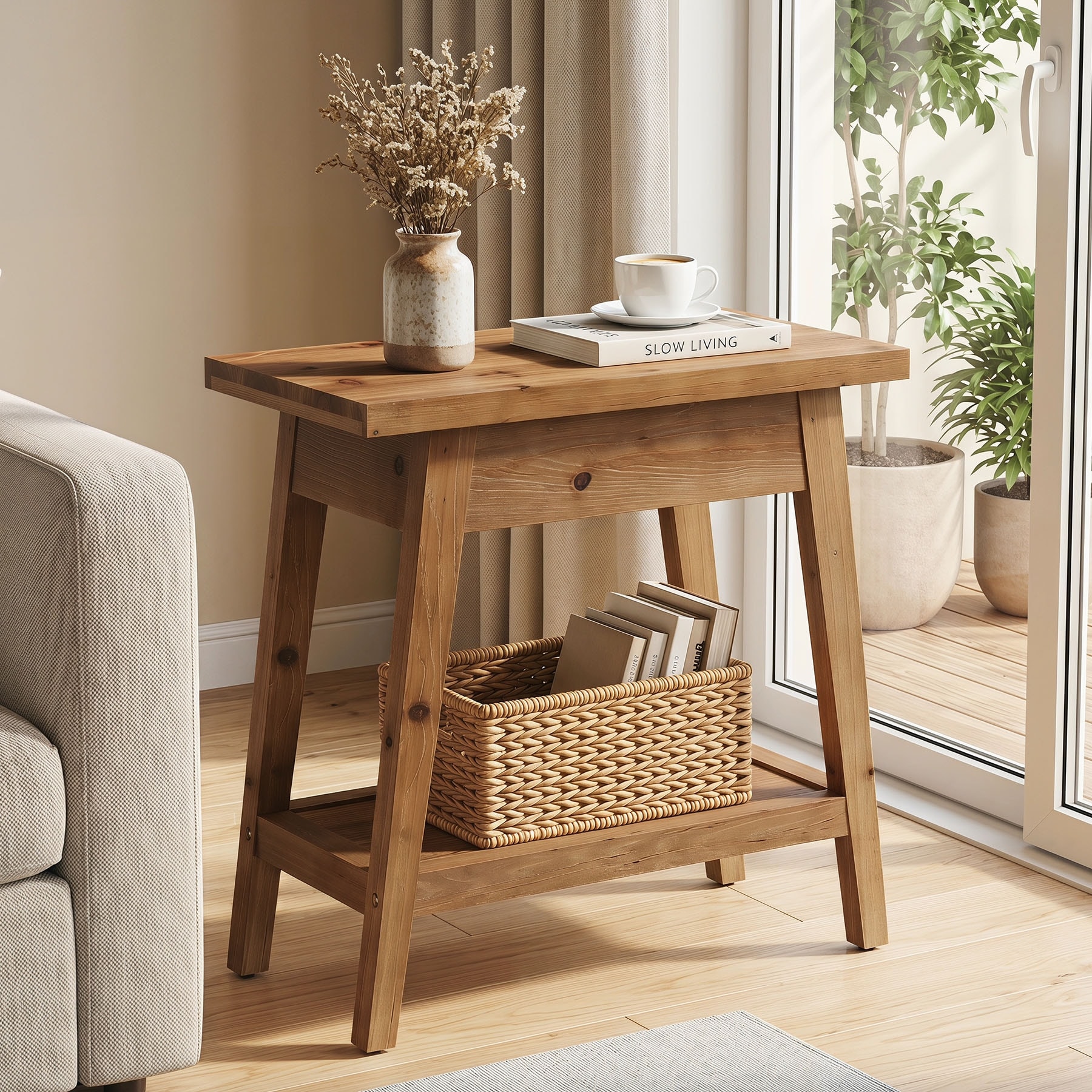 End Table for Living Room, 2-Tier Solid Wood Side Table with Storage