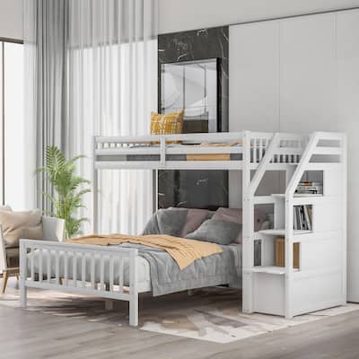 Twin over Full Loft Bed with Staircase, Storage Bed, White
