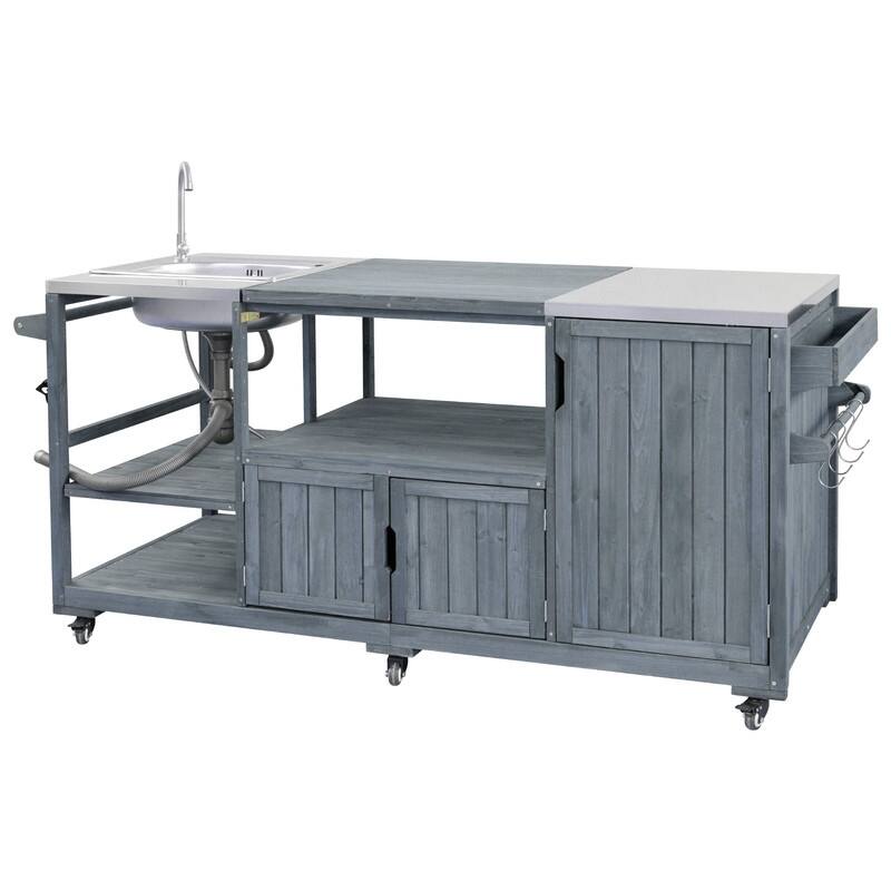 75.4" Rolling Outdoor Kitchen Island with Stainless Steel Top, Premium Solid Wood Grill Cart with Sink and Wheels for Outdoor - Grey