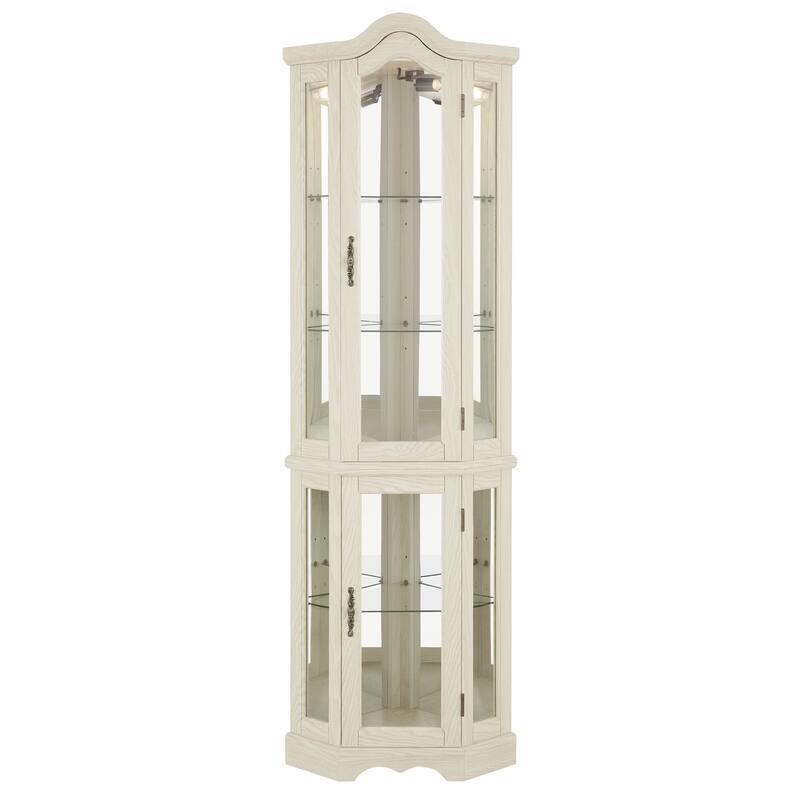 Lighted Corner Curio Cabinet, Freestanding Glass Display Cabinet, Wooden China Cabinet with Tempered Glass Doors & Shelves