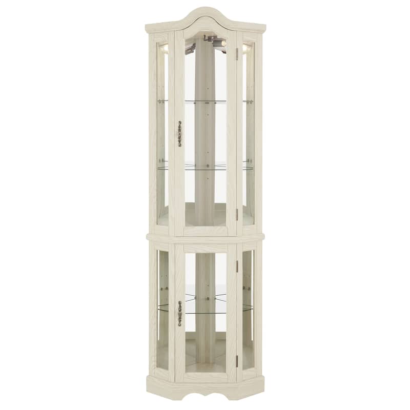 Lighted Corner Curio Cabinet with Tempered Glass Doors & Shelves - Elegant Oak Display Storage for Living Room & Bedroom Decor
