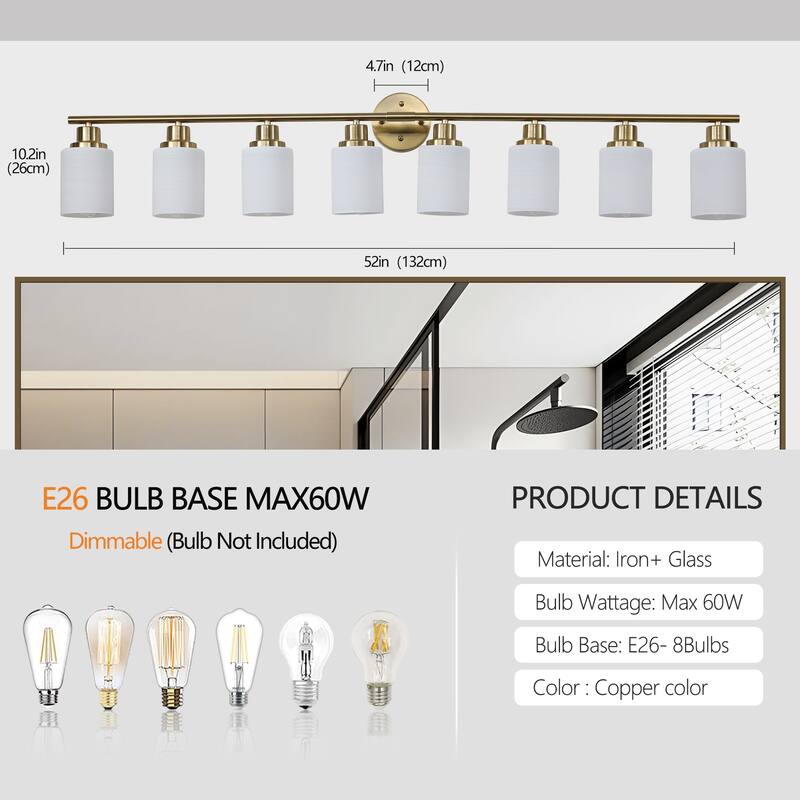 52" Modern 8-Light Vanity Wall Sconce,with Frosted Glass Shades for Bathroom or Hallway Lighting (No Bulbs)
