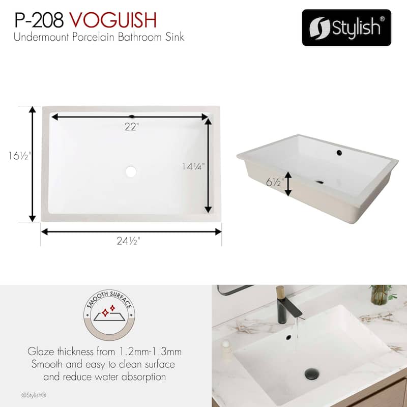 24.5" W x 16.5" D White Rectangular Undermount Bathroom Sink - 24.5 " x 16.5" x 6.5"
