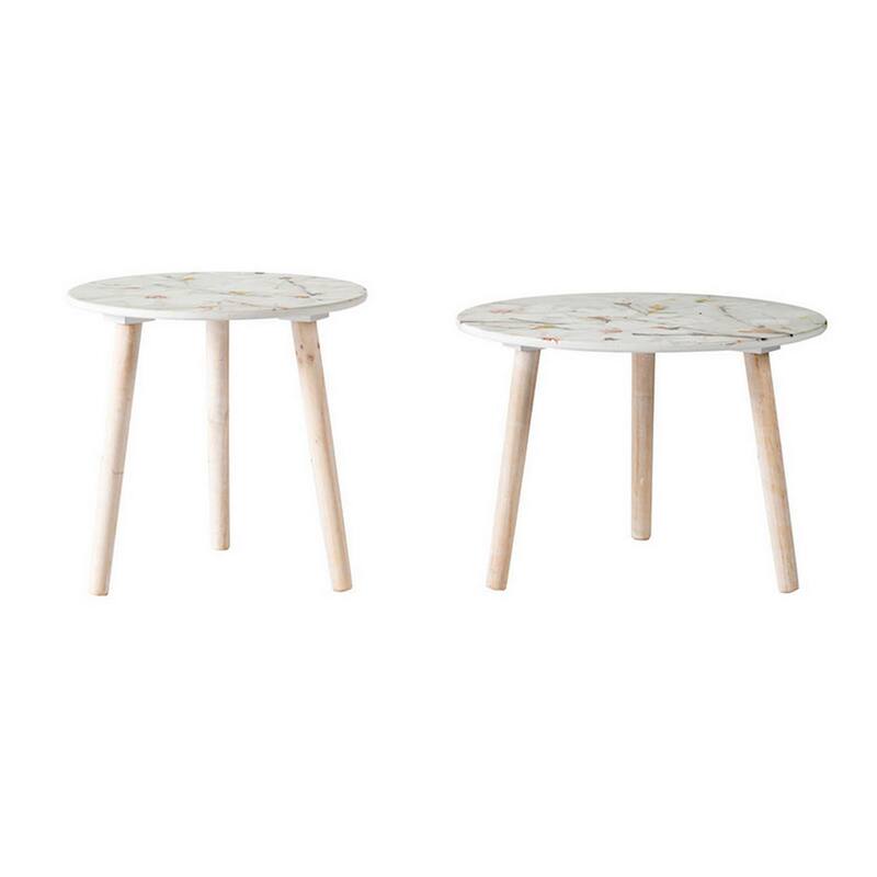 Byle 16, 20 Inch Side Table Set of 2, Floral Design, Cherry Blossom, White