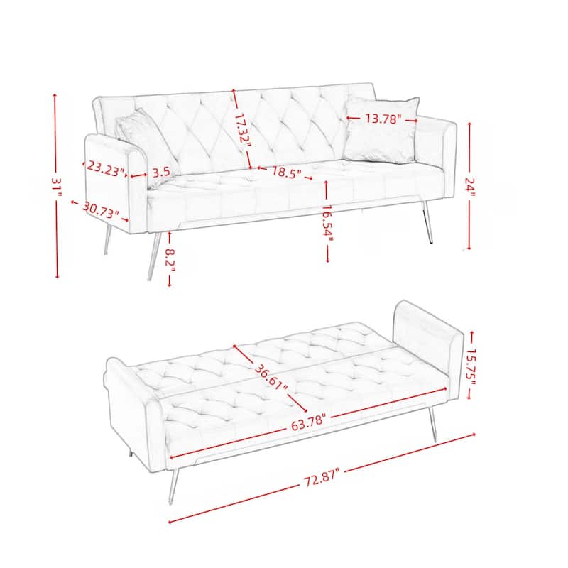 72" Modern Convertible Velvet Tufted Sofa with 2 Pillows