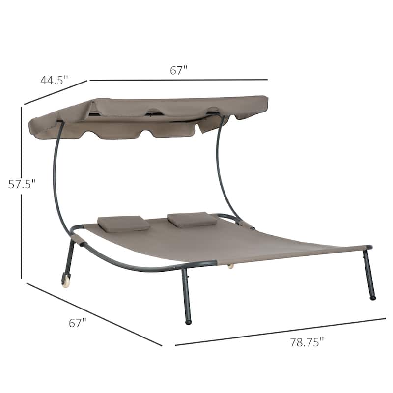 Outsunny Patio Double Chaise Lounge Chair, Outdoor Wheeled Hammock Daybed with Adjustable Canopy and Pillow