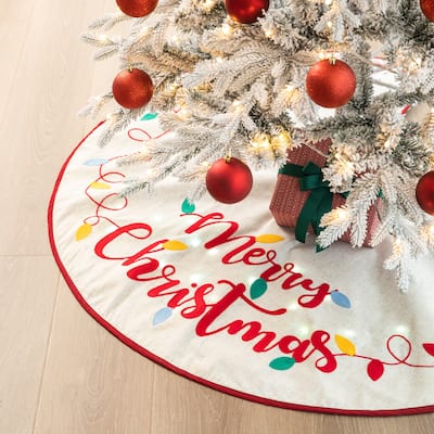 Glitzhome 48"D Pre-lit LED Embroidered Linen Merry Christmas Tree Skirt