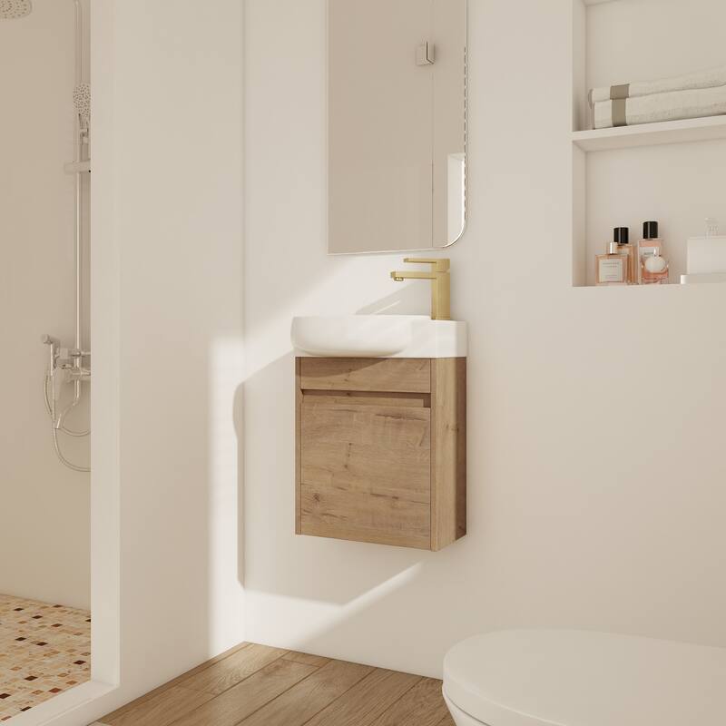 Wall Mounted Bathroom Vanity with Ceramic Sink, Soft-Close Door Hinges, Black Chestnut Finish for Small Spaces - Imitative Oak