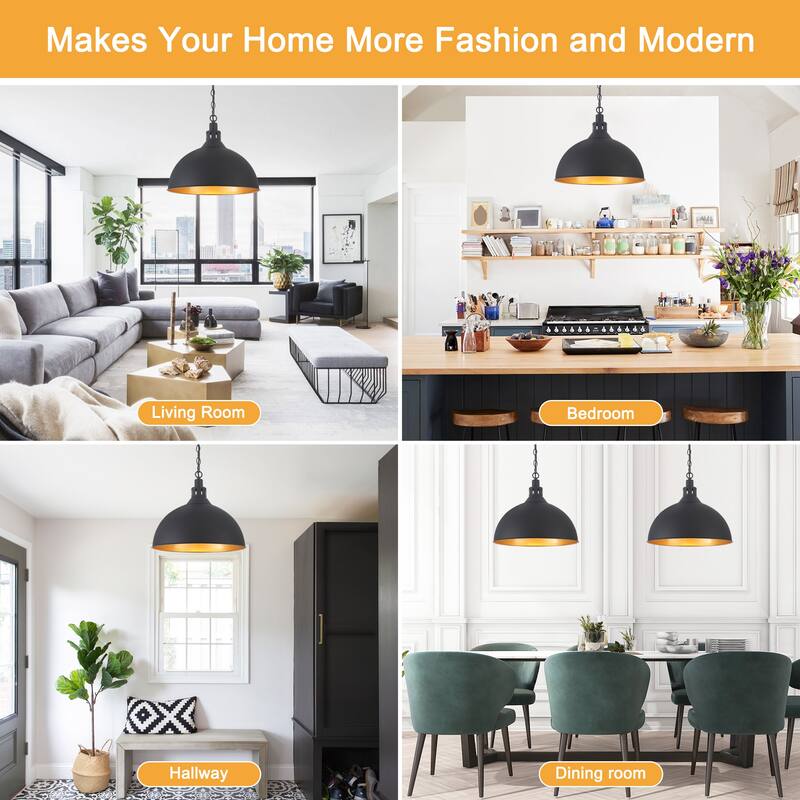 Modern Fashion Simple Black 1-Light Chandelier Height Adjustable With Metal Domed Shade