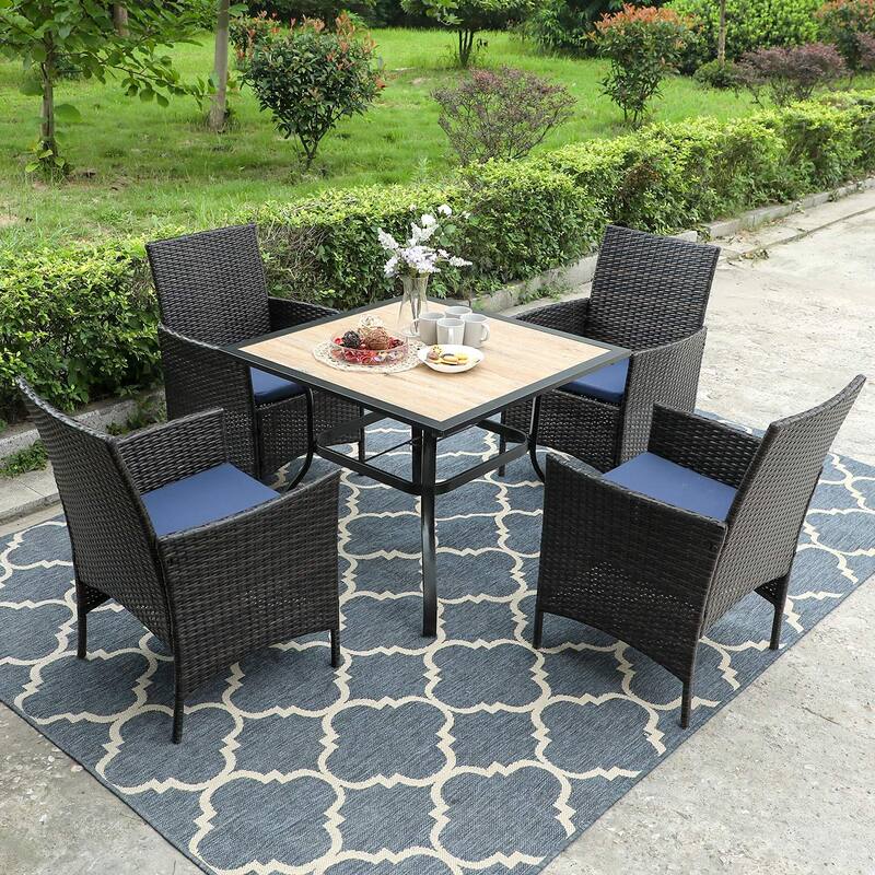 Patio 5-piece Dining Set, 1 Square 37" Metal Table with Umbrella Hole and 4 Rattan Chairs with Cushion