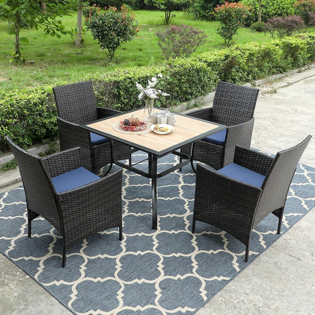 Patio 5-piece Dining Set, 1 Square 37" Metal Table with Umbrella Hole and 4 Rattan Chairs with Cushion