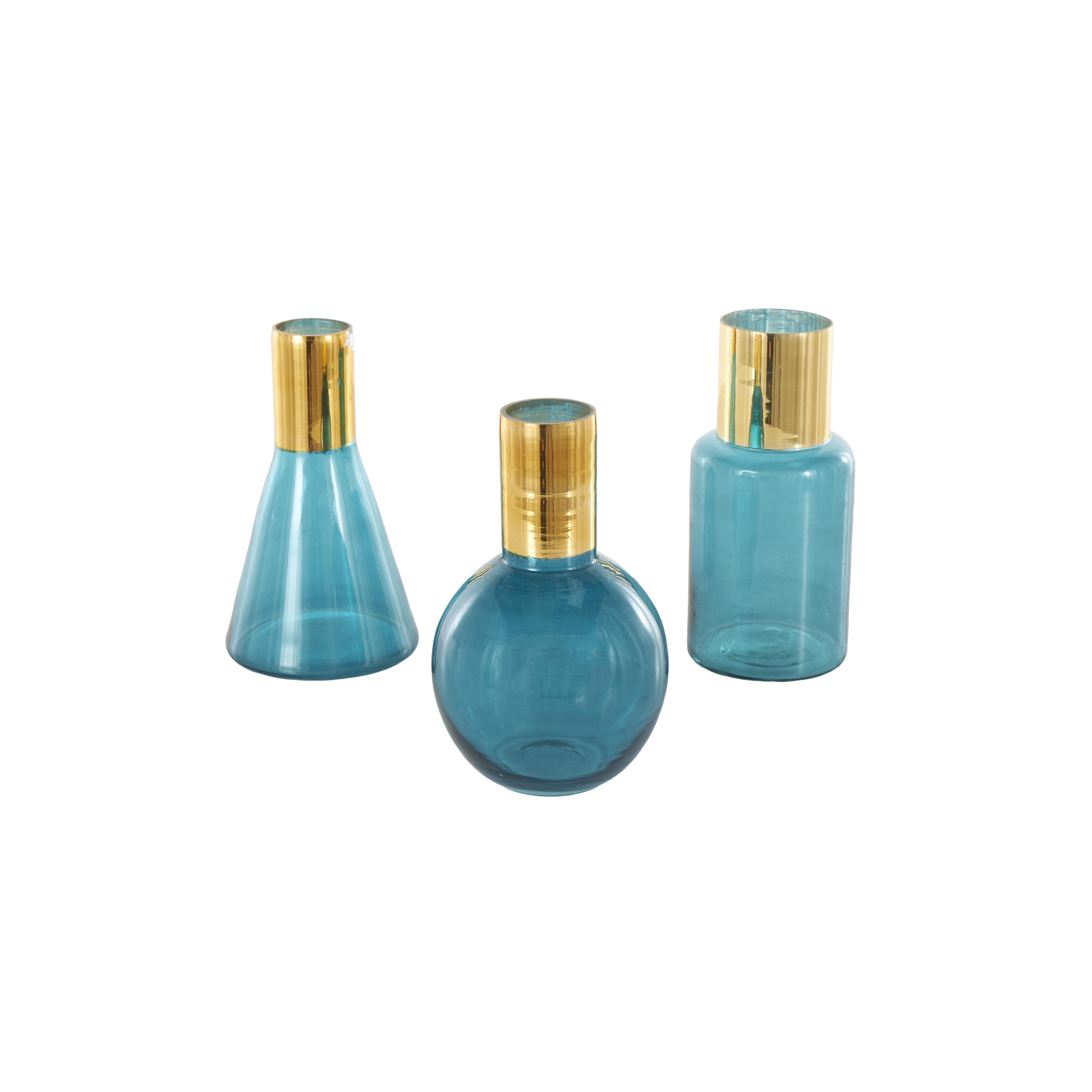 Blue or Gold Glass Tinted Geometric Decorative Vase with Gold Rim and Varying Shapes (Set of 3)