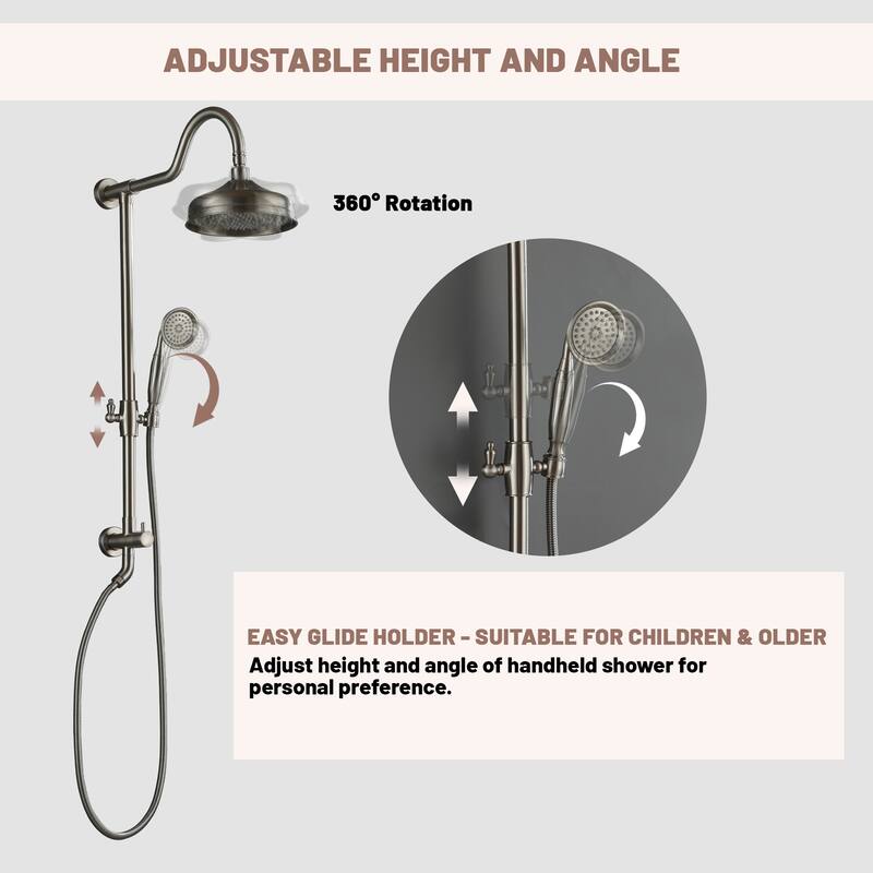 CASAINC Exposed Pipe Shower System with 8-In Rainfall Shower Head and Handheld Shower