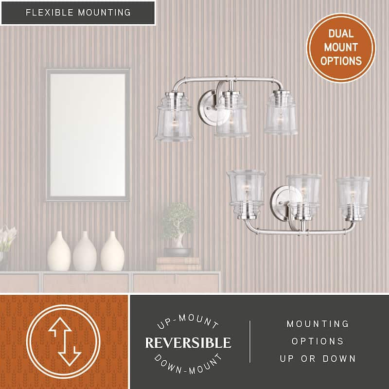 Toledo 3 Light Satin Nickel Industrial Jar Bathroom Vanity Fixture - 22-in W x 8.25-in H x 8-in D