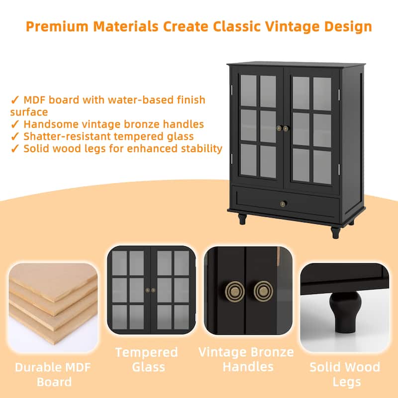 A Minimalist Buffet Cabinet with Double Glass Doors and a Drawer, Offering Modern Wooden Storage Solutions .