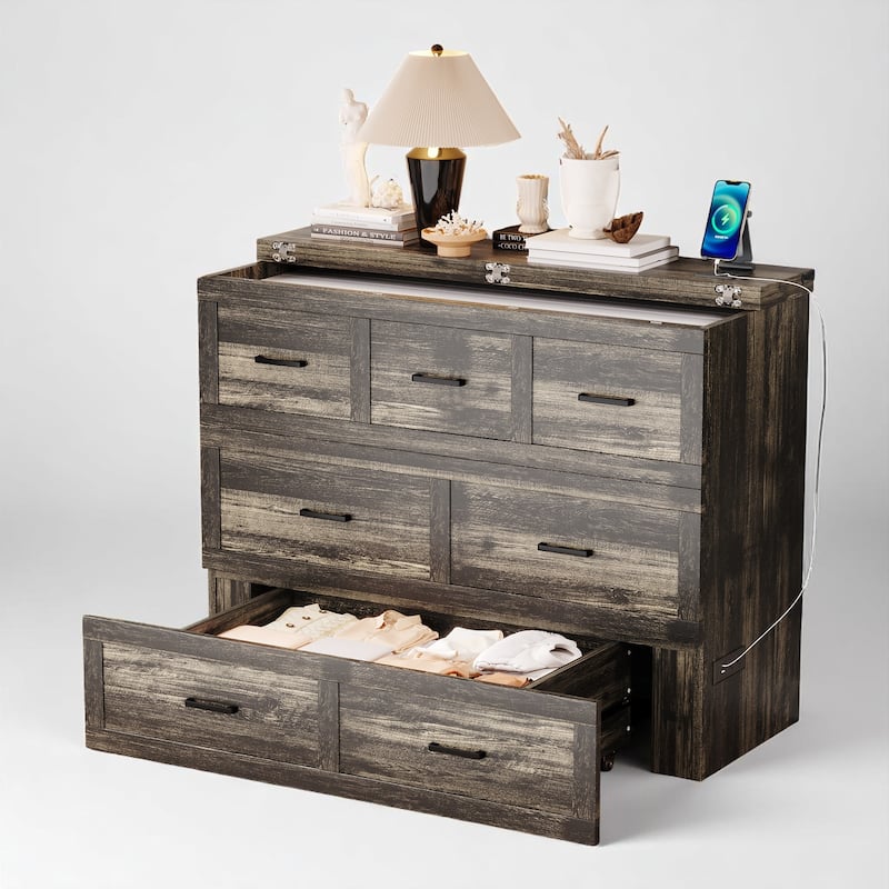 Foldable Murphy Bed Cabinet Full/Queen with USB & Type-C Ports and Storage Drawer for Guest Room - Grey - Full