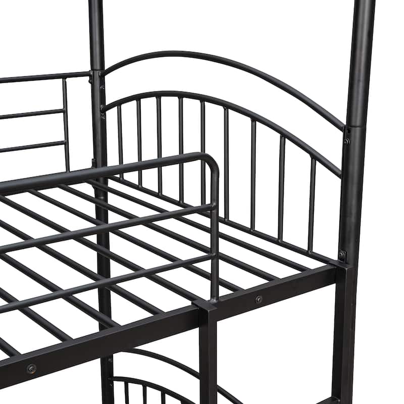 Black Twin over Twin Metal Bunk Bed with Slide, Roof, Fence, and Ladder