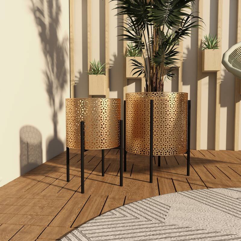 Gold or Black Iron Metal Contemporary Floral Pattern Planter (Set 2)