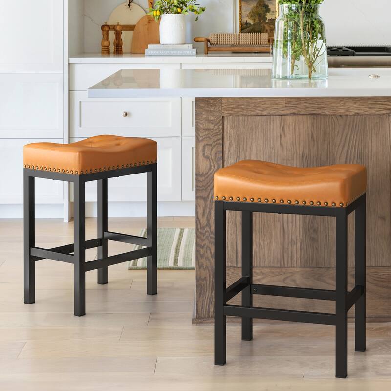 Backless Cushioned Faux Leather Bar Stools Counter Height Stools with Metal Frame - 24" H