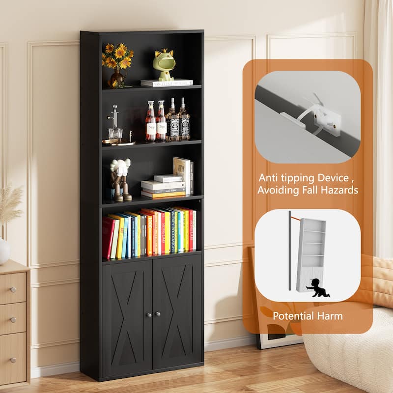 Farmhouse 6-Tier Open Bookcase and Bookshelf with Doors