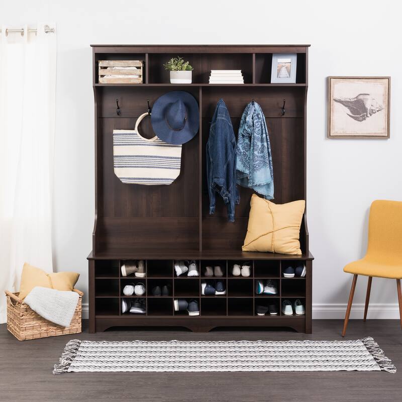 Prepac Hall Tree with Bench and Shoe Storage, Mudroom Bench with Storage and Hooks
