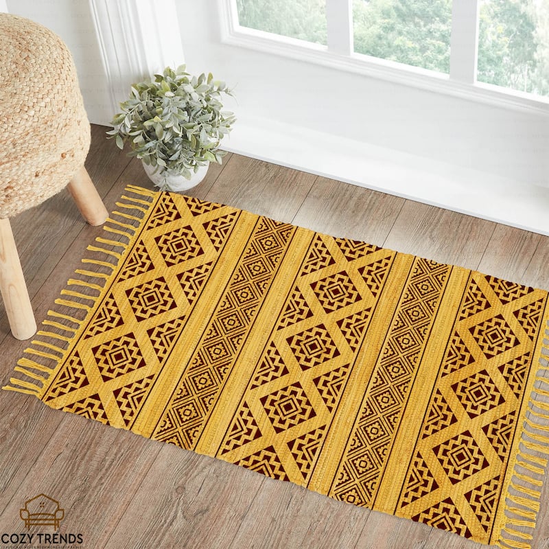 Authentic Hand-Woven Indian Cotton Rug 24''x36'' - Washable, Reversible, and Timelessly Stylish - 2'x3' - Ikat Mustard
