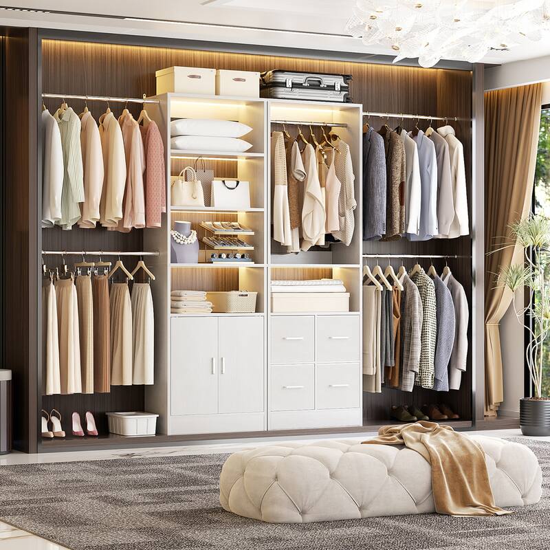 Rackcog Set of 2 Closet Organizer with Cabinet and Drawers, Closet System with Adjustable Hanging Rods and Shelves - White